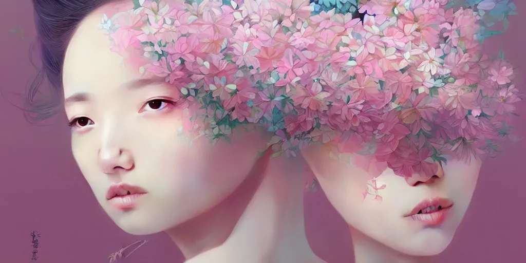 Image similar to highly detailed pastel colors of an ethereal asian beauty morphing gradually into flowers, by artgerm and hsiao - ron cheng, smooth composition, fine patterns and detail