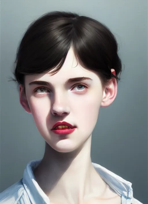 Prompt: portrait of white teenage girl, narrow face, short black hair and eyebrows, bangs, half updo hairstyle, buck teeth, unattractive, defined jawline, long chin, smile, hair bow, intricate, elegant, glowing lights, highly detailed, digital painting, artstation, sharp focus, illustration, art by wlop, mars ravelo and greg rutkowski