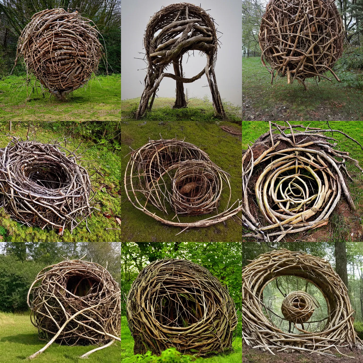 Prompt: an environment art sculpture by Nils-Udo, leaves twigs wood, nature, natural, round form, Bird nesting inside structure, leaf spiral pattern around outside of structure