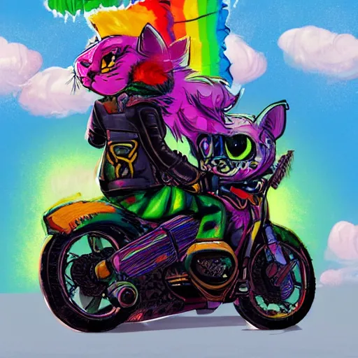 Image similar to wide angle full body, jacket wearing fluffy cute rainbow kitten wearing a black leather motorcycle jacket, riding on a motorcycle, cinematic concept art