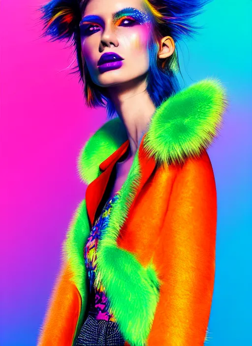 Prompt: stylish coat for a rave, bright colors, many details, prints, photo for a magazine, photo for a store, fashion photography, Vogue, 135 mm, cinematic, hyper realism, high detail, octane render, 8k, chrome accents, very coherent symmetrical artwork, perfect face model, full length photo, Upper and lower body, even skin tone,Soft shadows on the face