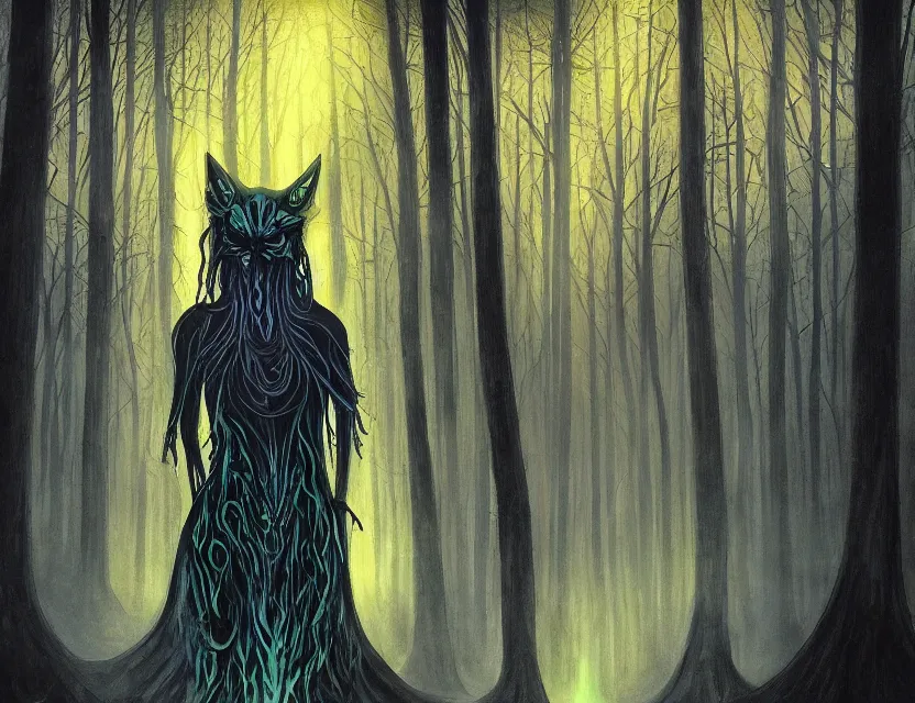 Prompt: forest spirit lost in a metropolis. this art noveau painting by the award - winning artist has dramatic lighting, an interesting color scheme.