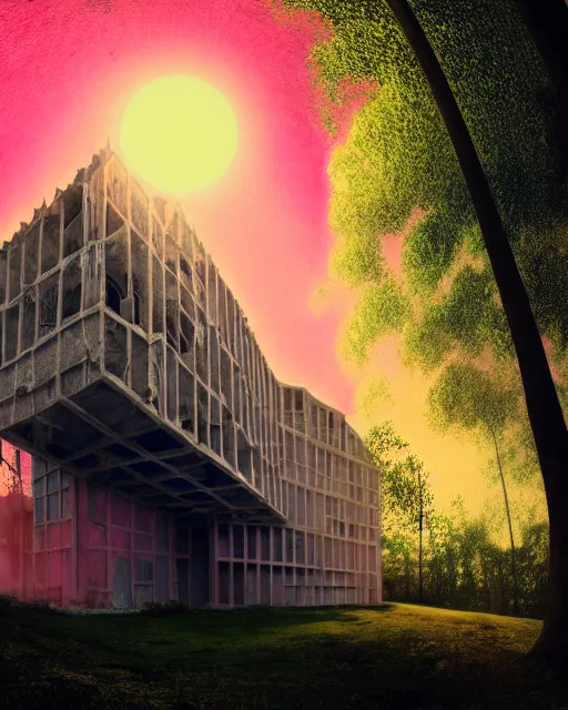 Image similar to unfinished building by peter doig, morning sun magic realism thermal imaging sunlight fisheye retrowave nature laser dramatic lighting uv light darkacademia, archdaily, wallpaper, highly detailed, trending on artstation.