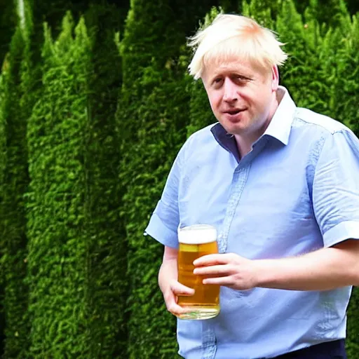 Image similar to Telephoto creepshot over a hedge of Boris Johnson drinking a beer in a garden