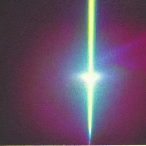 Prompt: black background, an holographic triangle being hit by a beam of light, emitting a single rainbow beam, 1970s