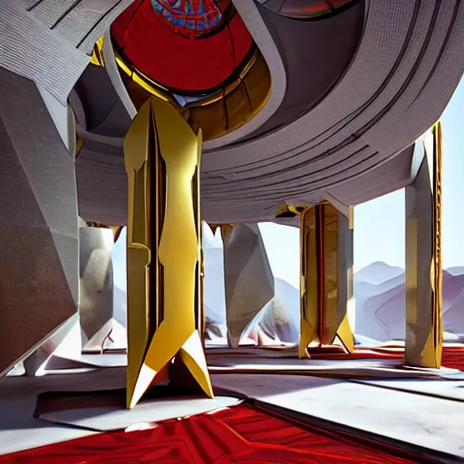 Prompt: interior of a futuristic organic scifi temple with gold, red and white marble panels, in the desert, by buckminster fuller and syd mead, intricate contemporary architecture, photo journalism, photography, cinematic, national geographic photoshoot