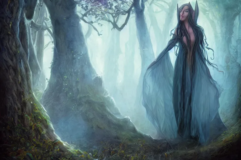 Prompt: cinematic painting, portrait of a dryad inspired by brian froud inspired by dungeons and dragons, fey, mysterious, sacred musician druid, she's emerging from shadow, face partially hidden by a hooded cloak, ice blue eyes, autumn forest, trending on art station, hard focus, cinematic sunset evening lighting, ominous shadows by jessica rossier
