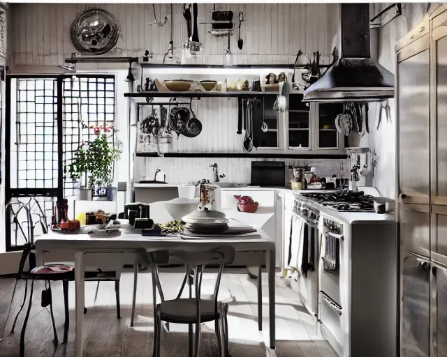 Prompt: IKEA catalogue photo of a cyberpunk farmhouse kitchen, by Alex Grey