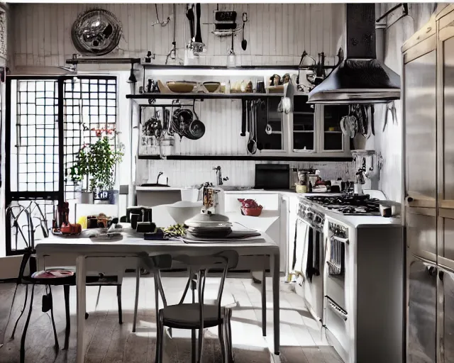 Image similar to IKEA catalogue photo of a cyberpunk farmhouse kitchen, by Alex Grey