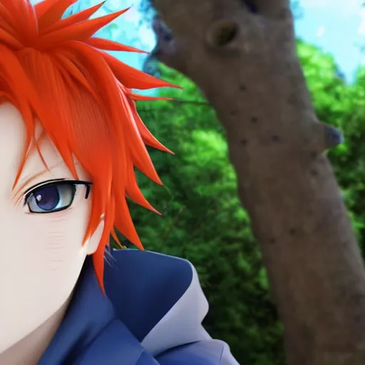 Image similar to orange - haired anime boy, 1 7 - year - old anime boy with wild spiky hair, wearing red jacket, standing under treehouse in city plaza, urban plaza, treehouse hotel, large tree, ultra - realistic, sharp details, subsurface scattering, blue sunshine, intricate details, hd anime, 2 0 1 9 anime