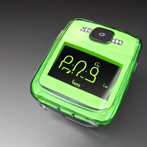 Prompt: an ultra high definition cycles render of a floating chunky green transparent plastic mobile phone at an angle with an e-ink screen inspired by a g-shock watch. Emissive screen and indicator lights, bloom