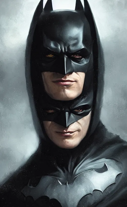 Image similar to Portrait of batman in a black cloak, black hair, glowing eyes, male, detailed face, fantasy, highly detailed, cinematic lighting, digital art painting by greg rutkowski