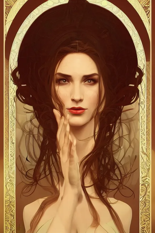 Image similar to high priestess, no noise, elegant, concept art, sharp focus, beautiful face!!, digital art, smooth defined outlines!!, human anatomy, human structure, vector background, by Brom, trending on Artstation, Alphonse Mucha, Tom Bagshaw, Sargent