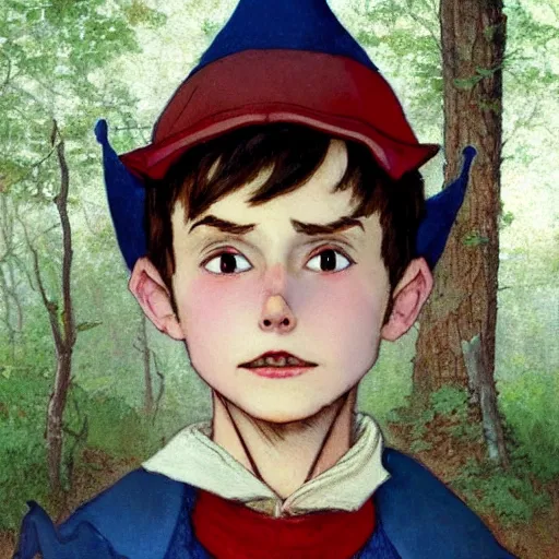 Image similar to super close up portrait of wirt from over the garden wall. a 1 6 years old gloomy awkward boy with big brown eyes and shaggy brown hair wearing a red dunce hat and a blue navy cape, standing in the forest, norman rockwell, bouguereau