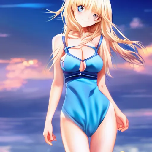Image similar to a very beautiful anime cute girl, full body, long wavy blond hair, sky blue eyes, full round face, short smile, bikini, miniskirt, front view, medium shot, mid-shot, highly detailed, cinematic wallpaper by Stanley Artgerm Lau