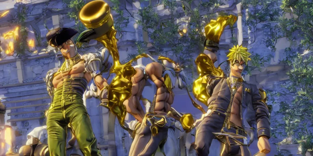 Image similar to jojo's bizarre adventure : golden wind, video game cutscene, unreal engine 5, render, ray tracing