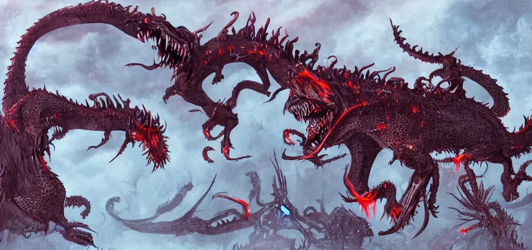 Image similar to concept art of dragon attack, lovecraftian, lots of teeth, melting horror, feathers, fighting the horrors of the unknown with laser guns