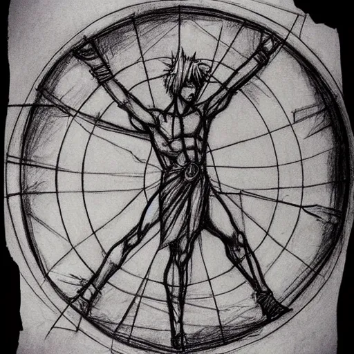 Prompt: cloud strife vitruvian man sketch by da vinci highly detailed