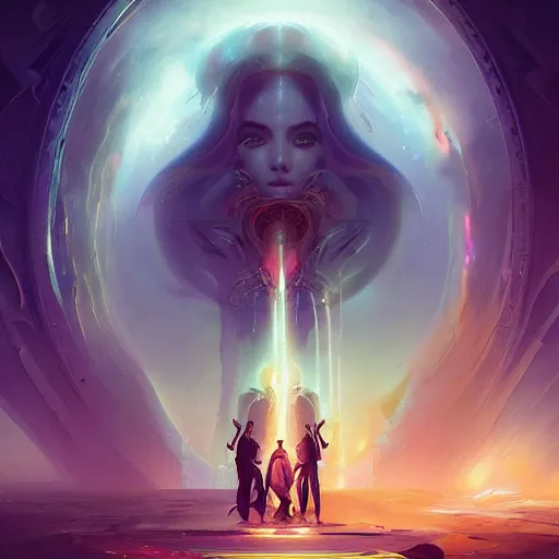 Image similar to leaving into enlightenment dimension through synthwave portal by peter mohrbacher and emmanuel shiu and martin johnson heade and bastien lecouffe - deharme