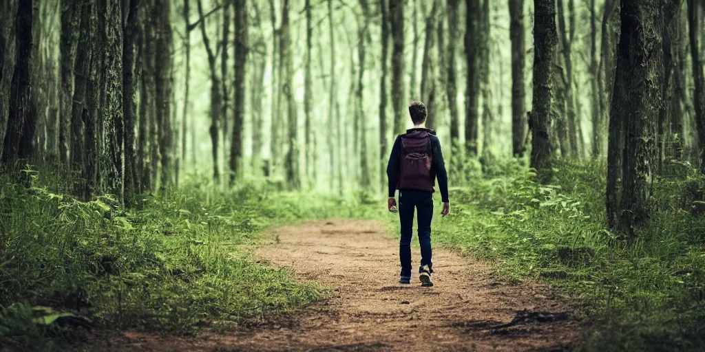 Prompt: fotorealistic image of a young man walking in the forest