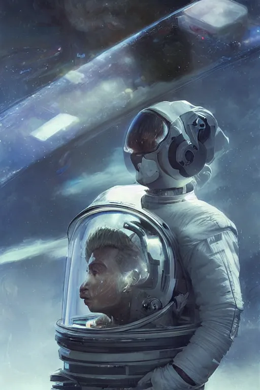 Image similar to portrait of an astronaut in 3 / 4 view wearing a very futuristic helmet with cybernetics and wirings, vaporwave aesthetic, dreamcore by craig mullins, ruan jia, kentaro miura, greg rutkowski