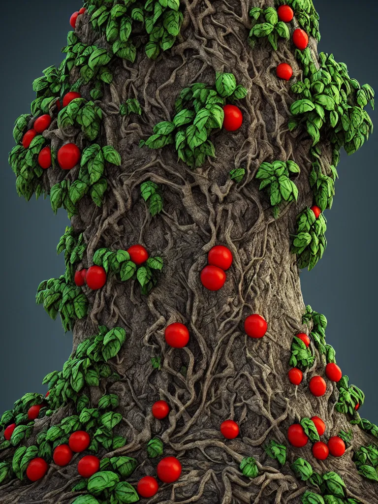 Prompt: highly detailed 3 d render of a mythical tree with sparse leaves of tomato, mozzarella, basil, hyper realistic octane render, cinematic lighting, deviantart, lowbrow, surrealism, pixar still