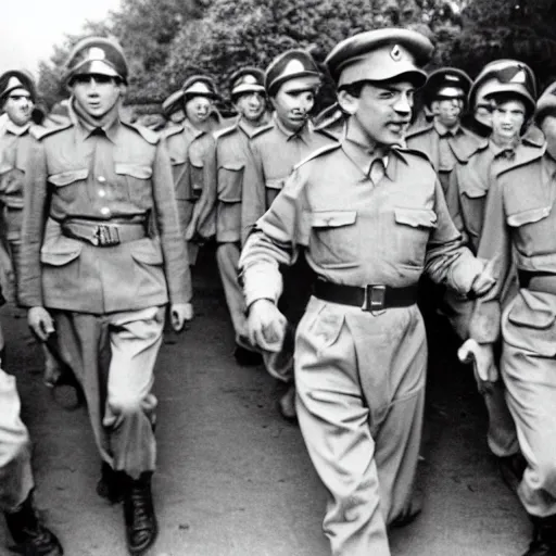 Image similar to mario as prison camp guard marching, wwii