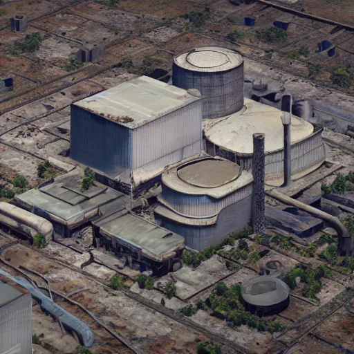 Image similar to top down aerial view of dilapidated nuclear plant with cooling tower in real life, desolate with zombies, dilapidated, zombies in the streets, nightmarish, some rusted style pipes, sunny weather, few clouds, volumetric lighting, photorealistic, daytime, autumn, sharp focus, ultra detailed, cgsociety