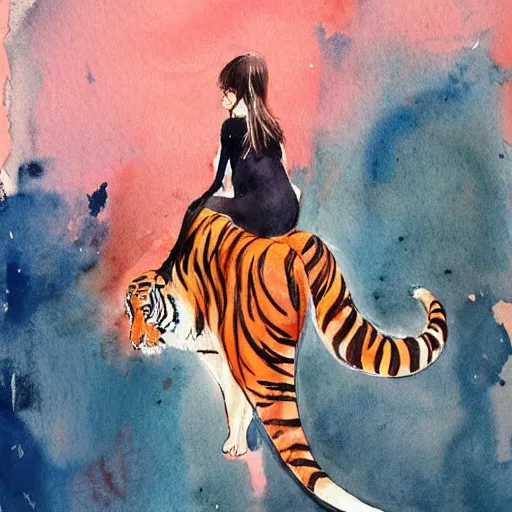 Image similar to girl riding a tiger, art, minimalistic painting, watercolor on paper, high quality, by Berthe Morisot, by Conrad Roset, trending on artstation