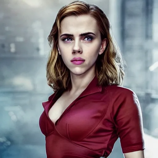 Image similar to a woman who is a genetic combination of scarlett johansson and emma watson face and upper - body focus