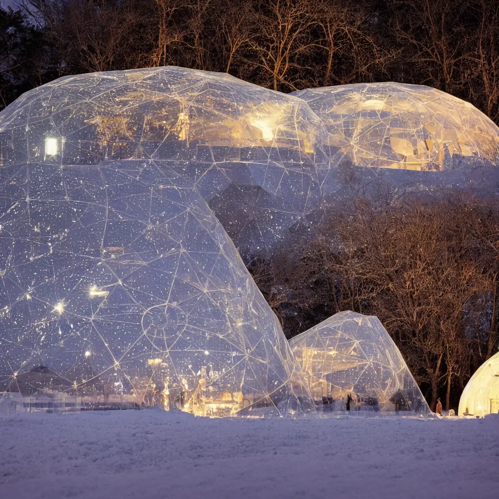 Prompt: A night photo of a glowing inflatable geodesic house made of clear plastic sheeting. Zoomed-in, close-up detailed shot with 100mm lens. The inflated bubble house in the mid-ground.The bubble house glows from within with warm light. In the foreground, A family is playing in the snow. The inflated bubble house is at the edge of a snowy winter forest. Coronarender, 8k, photorealistic