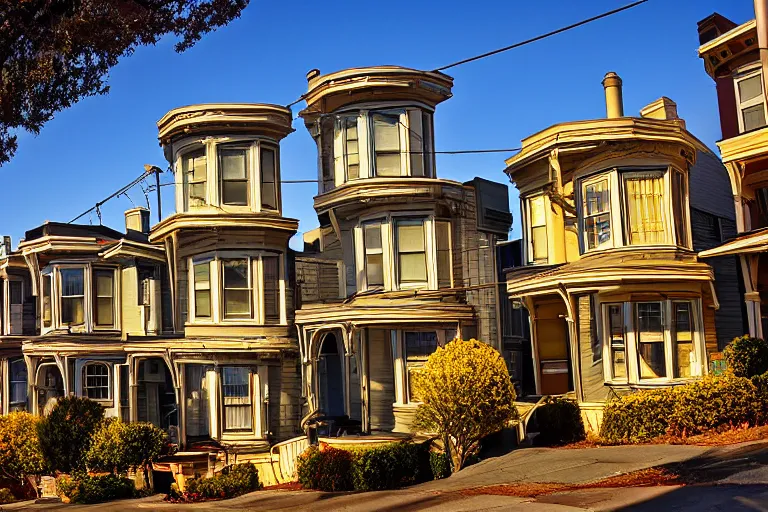 Image similar to typical San Francisco houses, award winning photograph, high exposure, golden hour, 15-30mm, panorama, autumn, car lights, photorealistic, 70s cars, 70s filter, shadows