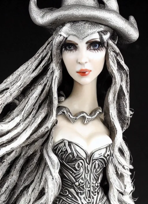 Prompt: Image on the store website, eBay, Wonderfully detailed miniature of a beautiful female sorceress, dress in black and gray and white, tricorn hat