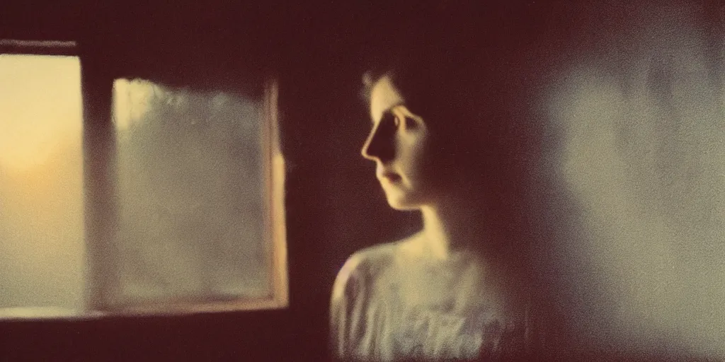 Prompt: portrait bust of young woman, solemn expression, faded color film, russian cinema, tarkovsky, kodachrome, old cabin, next to window, heavy forest outside, long brown hair, old clothing, heavy fog, sunset, hudson river school, 4 k, dramatic lighting, greg rutkowski