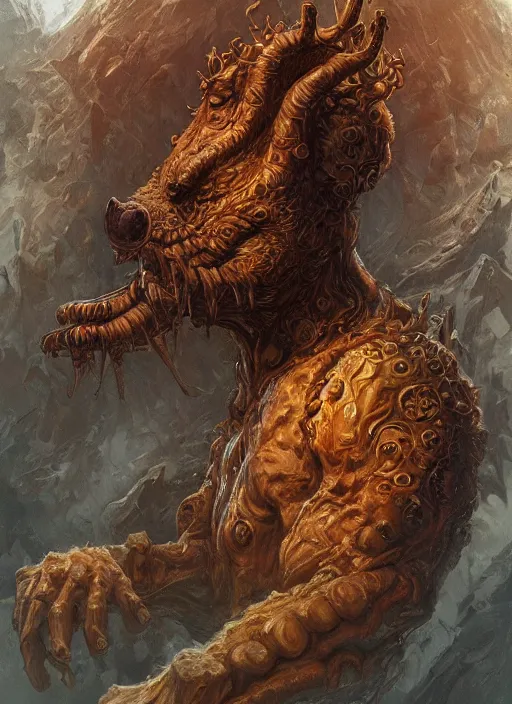 Image similar to portrait of Garfield as a large Lovcraftian monster, fantasy, intricate, elegant, highly detailed, digital painting, artstation, concept art, smooth, sharp focus, illustration, art by artgerm and greg rutkowski