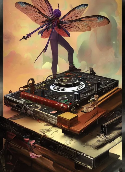 Image similar to surreal gouache painting, by yoshitaka amano, by ruan jia, by Conrad roset, by good smile company, detailed anime 3d render of a magical Dragonfly flying over a Mushroom on a DJ Mixer, Vinyl deck, controller, portrait, cgsociety, artstation, rococo mechanical and Digital and electronic, dieselpunk atmosphere