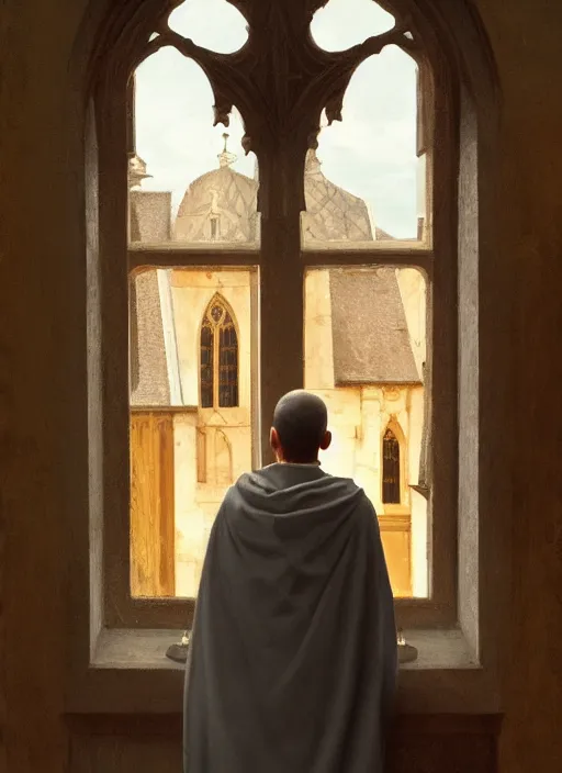 Image similar to oil painting of a medieval dominican monk in robes, looking out of a monastery window contemplatively, a majestic cathedral in the background, digital art, artstation, cinematic, golden hour, digital art painting by greg rutkowski