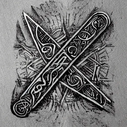 Image similar to magic sword iconography old occult runes intaglio etching engraving alchemy ink witchcraft