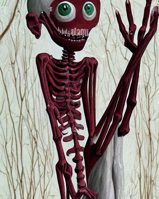 Image similar to Painting of a pale, emaciated, and lanky humanoid creature. It has long bony arms and legs and its ribs are visible. It had sharp teeth and claws with pale milky eyes; snow, woods, blood