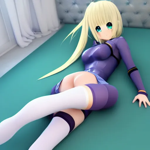 Prompt: a very beautiful 3d anime girl laying on bed wearing thigh high socks, unreal engine 5 4k render, hazler eyes, cute smile, trending on artstation, medium shot, long blonde hair