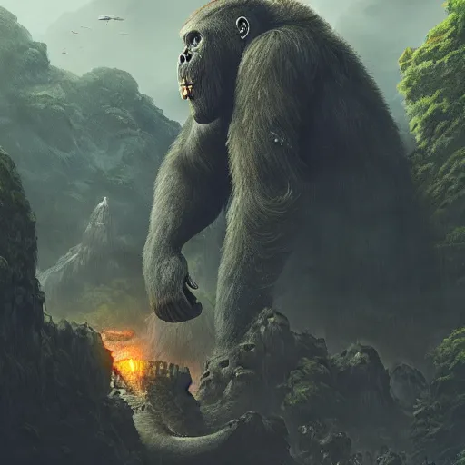 Image similar to King Kong in the Dangerous Skull Island, fantasy art, in the style of greg rutkowski, illustration, epic, fantasy, intricate, hyper detailed, artstation, concept art, smooth, sharp focus, ray tracing