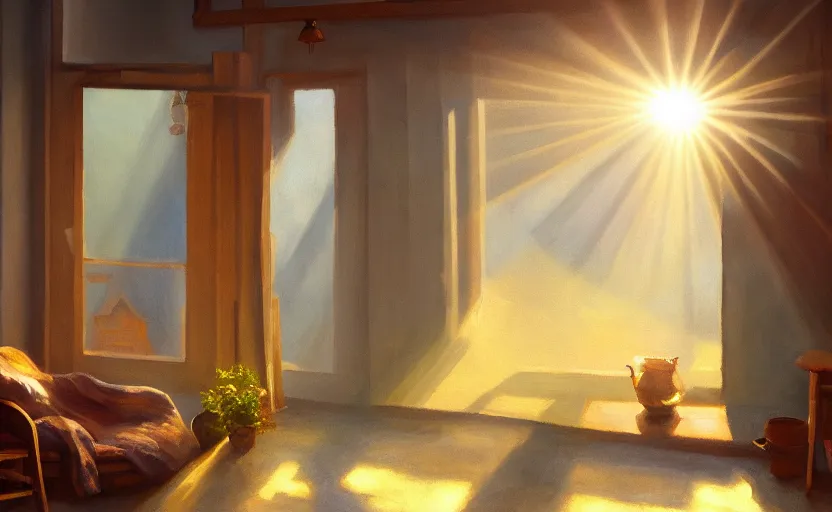 Image similar to rays of the morning sun shining through the window of the village house. very beautiful, clear sky, warm shiny colors, oil painting, high detail, trending on artstation