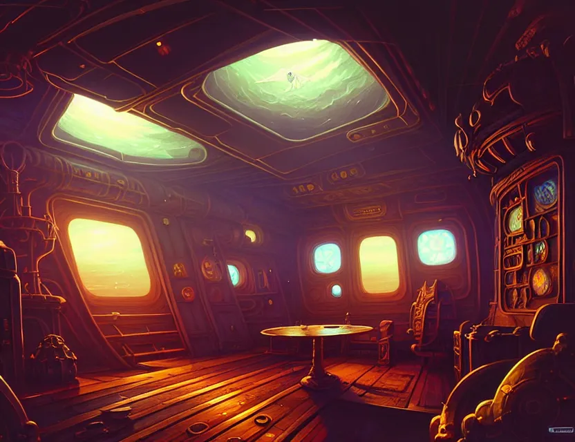 Image similar to interior view in the captain's cabin of a flying ship, d & d spelljammer fantasy art, artstation contest winner, beautiful digital painting in the style of dan mumford, art by kev chan, volumetric lighting, concept art, speedpainting, fantasypunk, deep colors, cgsociety, by gerald brom, by ruan jia, dehazed