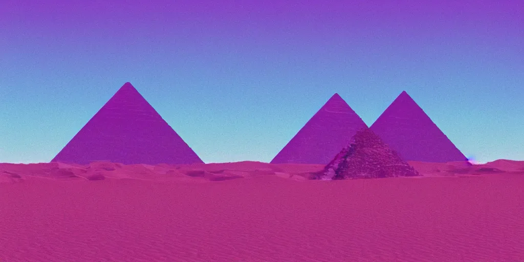 Prompt: purple digital desert, dawn, man in holographic coat, pyramids on the horizon, abstract holographic pastel, 1 9 8 0 s retro futuristic art, synthwave style, 3 5 mm photography, exposed film