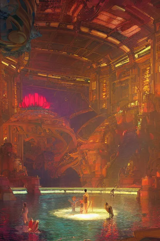 Prompt: Concept Digital Art Highly detailed Alien Art Deco Cybertron lazy river inside of the Palace of the Primes with glowing red water at night by greg rutkowski, Ilya repin, alphonse mucha, and Edmund Blair Leighton. Very highly detailed 8K, octane, Digital painting, the golden ratio, rational painting, sharp