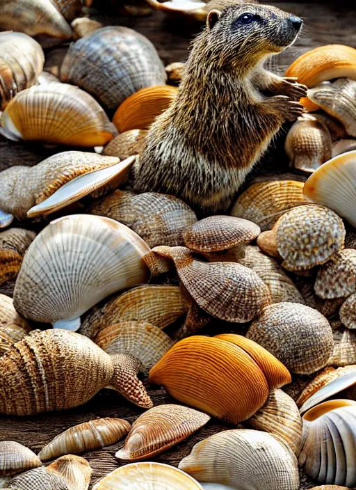 Image similar to how much wood would a woodchuck chuck if a woodchuck sold sea shells down by the sea shore, realistic, photograph, highly detailed