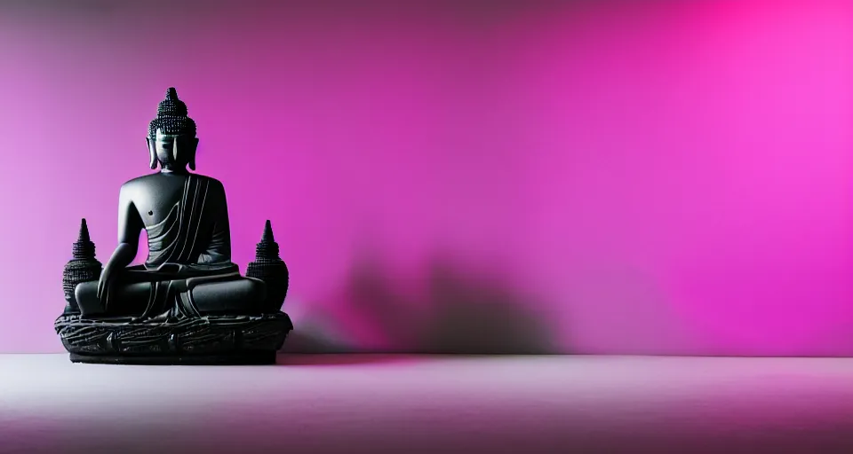 Image similar to Large format landscape of a black buddha sitting on a plastic chair, in a white exhibition space next to a neon pink light and a tropical plant, medium format camera, 85mm f1.8, bokeh, sharp focus, detailed, centered, interior design photoshoot,