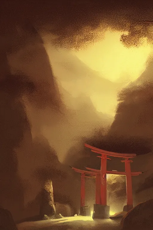 Image similar to Japanese Torii in a moutain ,night , by Grzegorz Rutkowski, concept art