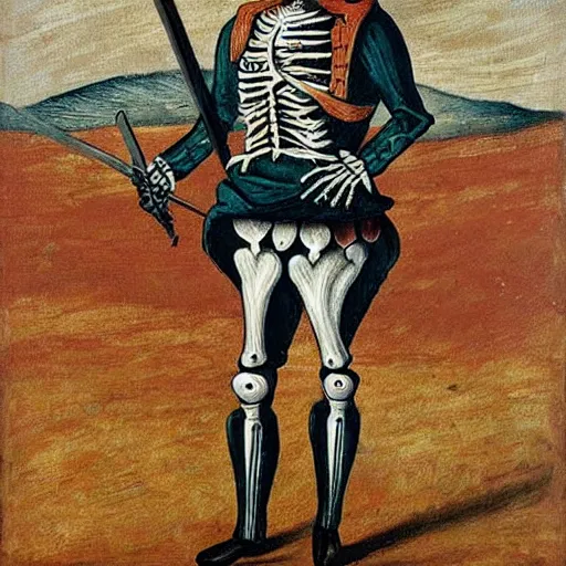 Image similar to skeleton in a colourful landsknechts uniform, wielding a sword, rennaissance painting