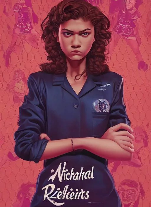 Image similar to poster artwork by michael whelan and tomer hanuka, karol bak, portrait of a high school student zendaya!!!!! wearing rr diner uniform working at the local diner, confectioner in a pastry shop, full length shot, shining, from scene from twin peaks, clean